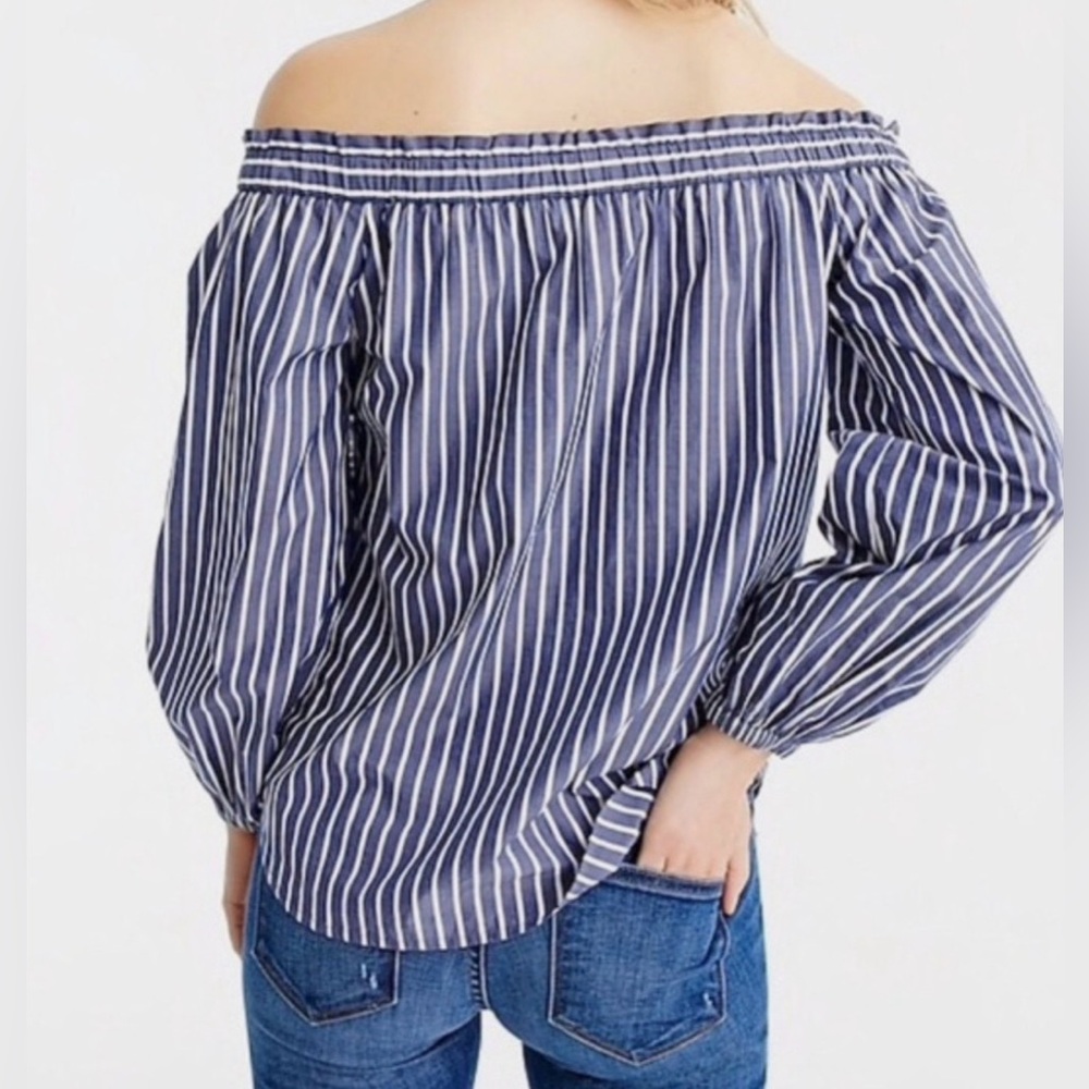 J Crew Women’s Size 6 Blue and White Striped Off The Shoulder Long Sleeve Top - Picture 2 of 16